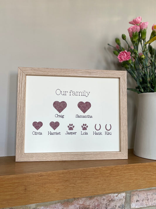 'Our family' tweed framed picture